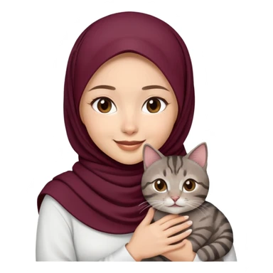Asian white Girl wearing dark maroon hijab with white shirt smiling while holding a black brown grey tabby cat sticker