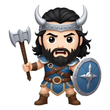 vikingo con armadura de Asgard, pelo negro ondulado, de pie, grito de guerra en torre de Asgard. sticker