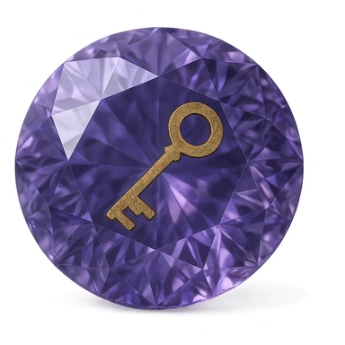 real diamond, circle-diamont gem shape, color #9665db, with complex 🗝️ key  symbol on the diamond. sticker