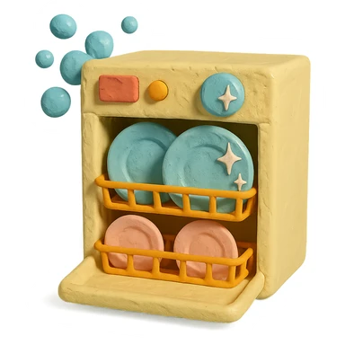 claymation style dishwasher with bubbles and sparkling plates, playful arrangement, pastel palette sticker