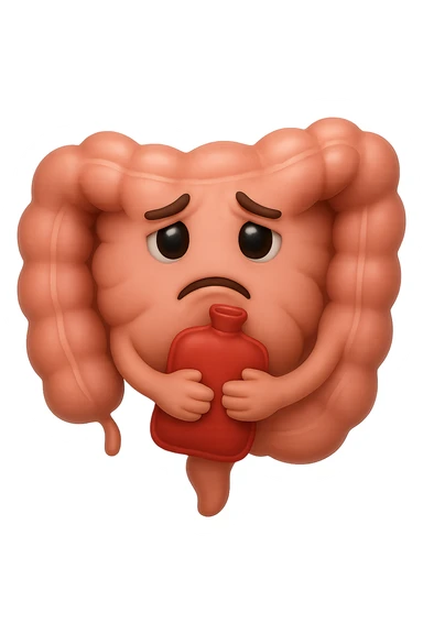 emoji stile iphone di un intestino che si tiene la borsa dell'acqua calda al centro, espressione di tristezza in volto, iperrealistico 4k sticker