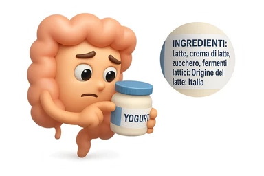 EMOJI STILE IPHONE 3D DI UN INTESTINO CHE HA IN MANO UN BARATTOLO DI YOGURT CONFEZIONATO DA SUPERMERCATO E LEGGE L'ETICHETTA NUTRIZIONALE CON GLI INGREDIENTI IN ITALIANO, ACCANTO ALLO YOGURT CHE HA IN MANO C'è UN FOCUS SULL'ETICHETTA CON GLI INGREDIENTI SCRITTI sticker