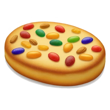 "Draw an emoji of a 'coca de San Juan,' an oval-shaped, golden Catalan pastry decorated with colorful candied fruits, pine nuts, and sprinkled with sugar. sticker