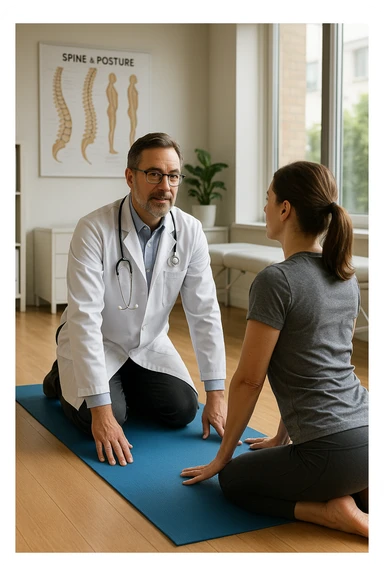A realistic, cinematic illustration of a professional doctor in a white coat inside a bright, modern medical office, demonstrating a simple stretching exercise to a patient for improving posture. The doctor, calm and encouraging, shows a gentle spinal extension stretch while explaining its benefits for posture and spinal health, with an anatomical poster of the spine and posture alignment in the background. The scene includes a yoga mat, clean wooden floors, and natural light streaming through large windows, creating a warm, health-focused atmosphere. The patient, in comfortable activewear, watches and mirrors the stretch, emphasizing the preventive and therapeutic role of stretching for posture correction under medical guidanc sticker