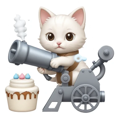 реалистичный белый котенок стреляющий из пороховой большой пушки тортиком sticker