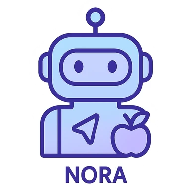 simple non-human nutrition navigator icon for Nora, gradient blend of light blue, light purple, and light gray, subtle navigation arrow, small fruit or vegetable accent sticker