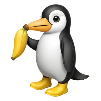 Penguin in boots eating a banana on the beach sticker
