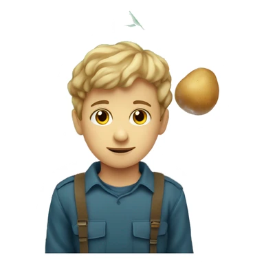 A boy holds a potato against the background of the Belarusian flag sticker