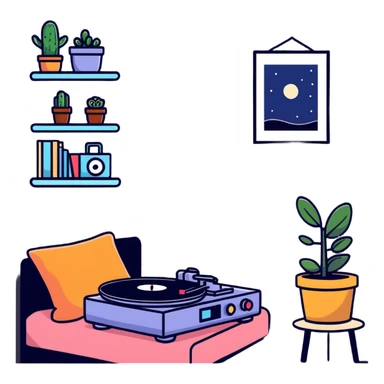 small bedroom with indie aesthetic, record player, art prints, potted plants, fairy lights, colorful pillows, vintage items sticker