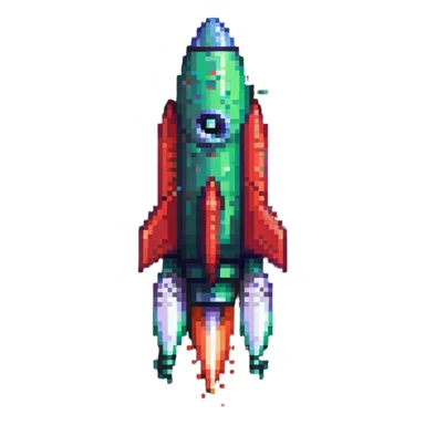 sleek pixel art rocket with green to red gradient, shooting diagonally to the upper right corner sticker