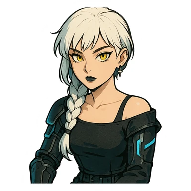  she is wearing armor, maximum power , except instead she's giving a victory salute, [[[except it's a black cat typing at a laptop]]], a closeup portrait of young woman with gold yellow eyes, white hair, long braid, black off-shoulder top d-cup, punk gothic style, futuristic cyberwave cyberpunk, sitting position
 sticker