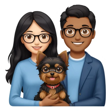 “An Asian girl with long, wavy black hair flowing freely stands beside her smiling boyfriend—a brown-skinned man with a middle part hairstyle and glasses. They are holding a small Yorkshire Terrier together.” sticker
