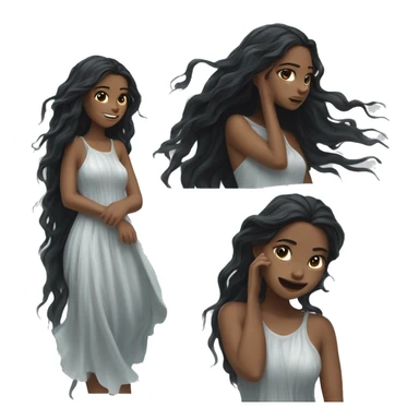 Black long hair flowing in the wind  girl white skin soaked in water woth NO FACElong laced dress sticker