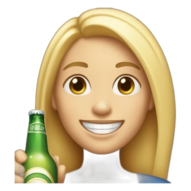 A 41 year old cheerful woman with light skin and light blond half long hair grinning and holding a bottle of beer sticker
