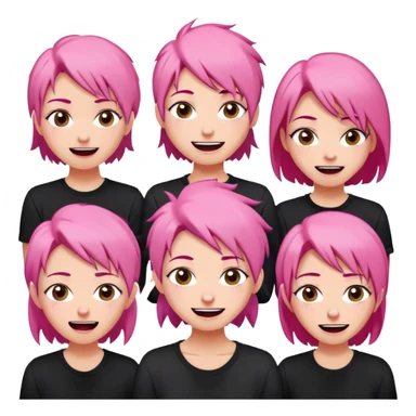 twitch emote set of a pin up smiling girl sticker of the head and shoulders of a beautiful russian pink HAIR woman, wearing casual clothes, thin lips, small smile, featuring various expressions on each face: happy, sad, excited, fell in love, angry, rage, laughing, crying, fustrated. White background, thick black outer stroke on white background, vector art style, cartoon, flat design, 2D, simple, hyper-realistic, high resolution, high details, high contrast, white colors, sticker thick black contour, soft expression sticker
