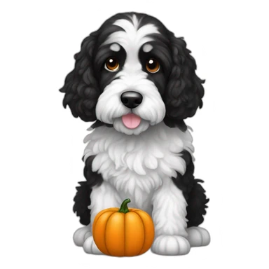 black and white doodle cockapoo with a pumpkin sticker