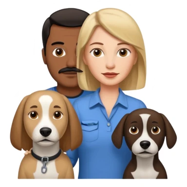 Quiero a una mujer blanca  con el pelo por el hombro lacio castaño claro con un hombre morochito con el pelo negro y bigote, y un perro blanco tipo perro cabeza de martillo sticker