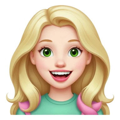 Young girl with pale skin, full pink lips smiling, blonde reddish long hair, big brown eyes with a hint of green, big mouth sticker