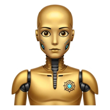 gold Tatooed robot, big many tatooes on chest, neck and face, tatoo on face sticker