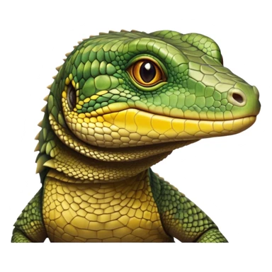 cinematic-realistic-cute-monitor-lizard-portrait-emoji,-head-tilted-playfully-and-inquisitively,-featuring-a-compact,-agile-body-with-finely-detailed,-glossy-scales-in-earthy-olive-hues-and-a-distinct,-alert-face-with-bright,-curious-eyes, yellow, brown spotted and green multi coloured  scales sticker