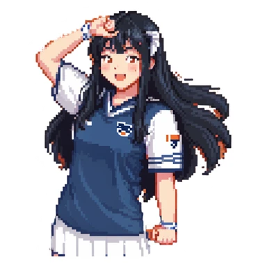 East Asian woman with long black straight hair and bangs wearing navy and white Doosan Bears team colors, cheering sticker