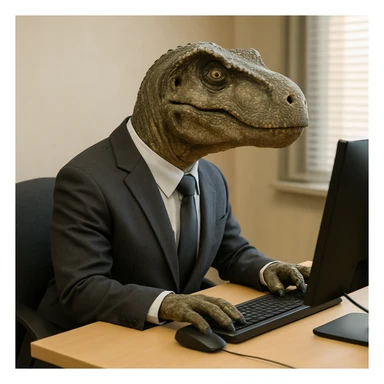 realistic dinosaur sitting on a chair, wearing a suit, using an office computer sticker