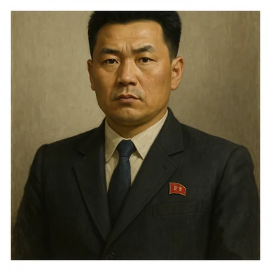 Official portrait of a North Korean man, head of the hull production workshop at a shipyard, serious and formal style, dark suit, neutral background, confident and focused expression, style inspired by Soviet and North Korean official portraits sticker