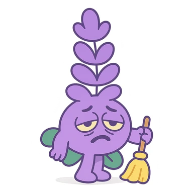 chubby lavender-colored lavender flower character with droopy eyes and a tired face, holding a tiny broom, pastel-toon style sticker