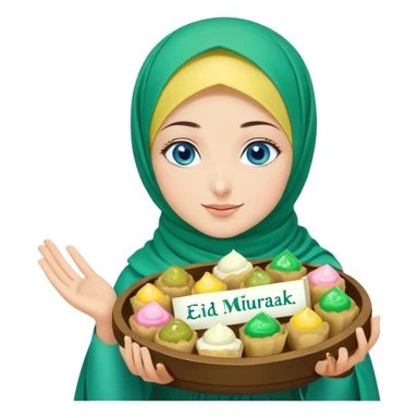 Turkish beautiful finish Konya girl blue eyes with green emerald yellow hijab islamic dress and had on her hand text Eid Mubarak with sweets and celebrating with her friends eid days   sticker