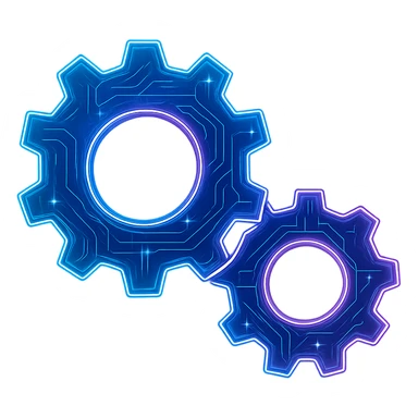 Transform the Windows Services icon featuring two gears into a cyberpunk holographic style. Add glowing neon blue and pink edges with intricate circuit patterns throughout the entire icon. Maintain the recognizable two-gear shapes while overlaying neon and circuit effects in a futuristic, clean style consistent with cyberpunk aesthetics. The whole icon should have a consistent cyberpunk glow and detailed circuit designs on a transparent background. sticker