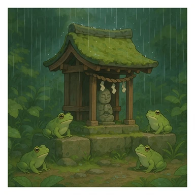 Rain falling gently on a tiny shrine surrounded by frogs. sticker