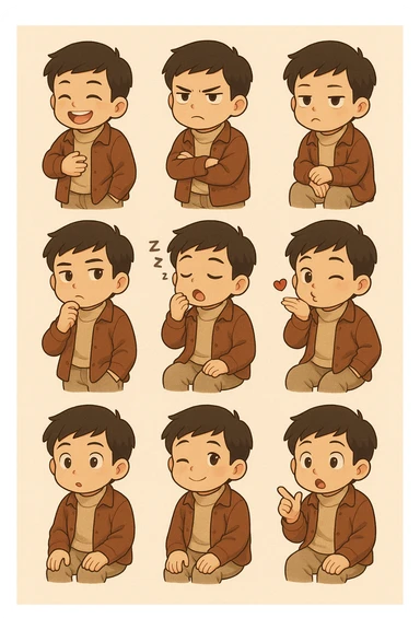 Convert the image into a set of chibi stickers (4x4 grid) outfit similar to this one including expressions of laughing being angry, crying, sulking, thinking, being sleepy, blowing kiss,winking, being suprised sticker