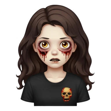 crie uma garota com ferimentos zoombie cabelo ondulado 2c longo castanho escuro e blusa básica preta sem nada  sticker