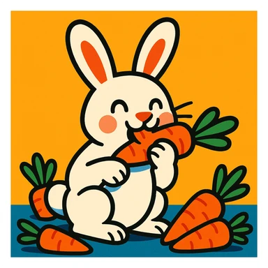 conejo blanco comiendo zanahorias, estilo ilustración vibrante y alegre, fondo simple sticker