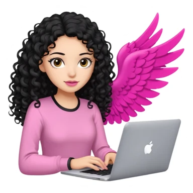 a girl typing mac book air with long black curly hair and brown eyes with winged black eyeliner, pink shirt sticker