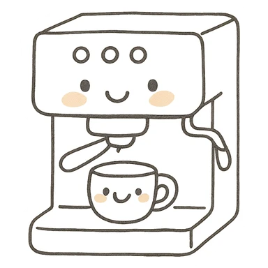 kawaii coffee machine, full body, blushing cheeks, soft pastel colors, hand-drawn style sticker