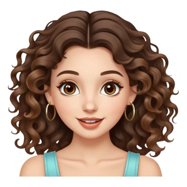 cute girl with not volominous VERY LONG curly/wavy brunette hair with balayage, brown eyes, full lips, natural clean girl makeup and hoop earrings white girl: happy jumping sticker