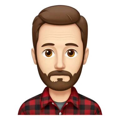 Thin man in his 50s with light complexion. Narrow face with pronounced cheekbones. Unkempt brown hair sticking up in places. Scruffy, uneven brown beard. Wearing a red and black checkered flannel shirt that hangs loosely on his lean body. sticker