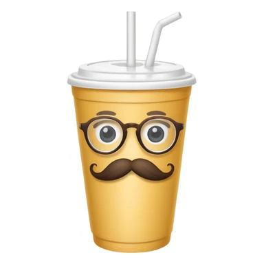 paper cup and white straw, the cup has eyes and mouth and glassess and mustache sticker