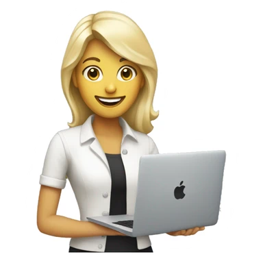 blonde developer holding macbook, smiling sticker