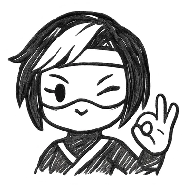 Make the expression even more weird-cute on a sexy chibi ninja girl with black short hair and a blonde streak, only head and arms, making an OK sign with her hand, bold black outlines, transparent background, no mask, one eye winking and mouth in a cat-like :3 shape, sized for Twitch emoji use. sticker