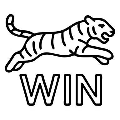 simple icon of Bengal tiger leaping over the word 'WIN', flat outlined icon style sticker