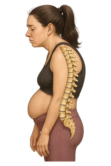 DONNA GIOVANE FITNESS DI PROFILO CON LA POSTURA SBAGLIATA, SPINA DORSALE UMANA ANATOMICA REALISTICA IN EVIDENZA, LA PANCIA IN FUORI E LE SPALLE CHIUSE sticker