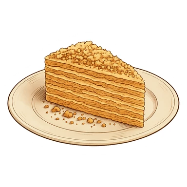 Используя такую стилистику сгенерируй тарелку, на которой лежит кусок торта Наполеон, прозрачный фон sticker
