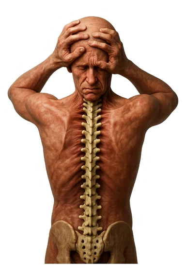 CORPO UMANO ANATOMICO con spina dorsale in evidenza, molto stanca e stressata mentre si tiene le mani sulla testa, IPERREALISTICO 4K sticker