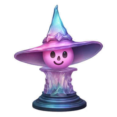 crystal sculpture witch hat with whimsical design. The hat is standing upright on a wooden stand with angular and baroque features. The vibrant midtone tints of pastels and pink highlights the sharp edges and planes.  sticker