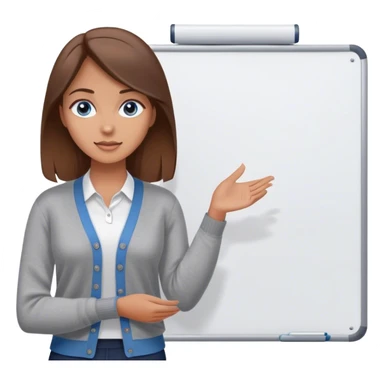 a young woman brown hair and blue eyes, with a in a cute gray cardigan and presenting on a white board sticker