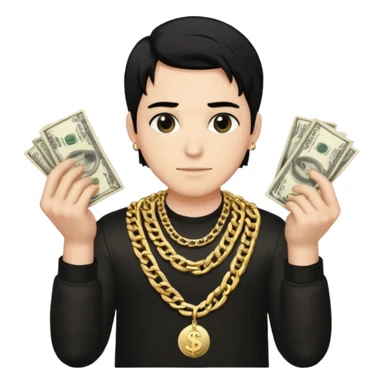 Has un chico con mucha plata en sus manos y en su alrededor, Con una chain que diga "JovenBallin" y que tenga pelo negro y sea piel blanca sticker