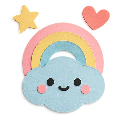 adorable pastel tiny rainbow, floating star and heart, no arms or legs, transparent background, full body, kawaii paper craft style sticker