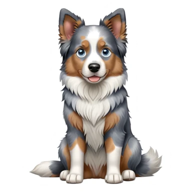cinematic-[australian shepherd dog]-realistic-full-body-sitting-emoji,-tail-resting-loosely-beside-its-paws,-head-tilted-dramatically,-scruffy-[blue merle]-fur,-simplified-yet-realistic-focused-features,-highly-detailed,-glowing-with-an-almost-sarcastic-glow blue eyed sticker
